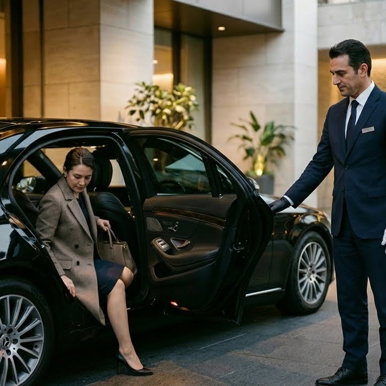 Professional chauffeur opening a car door in a luxury setting